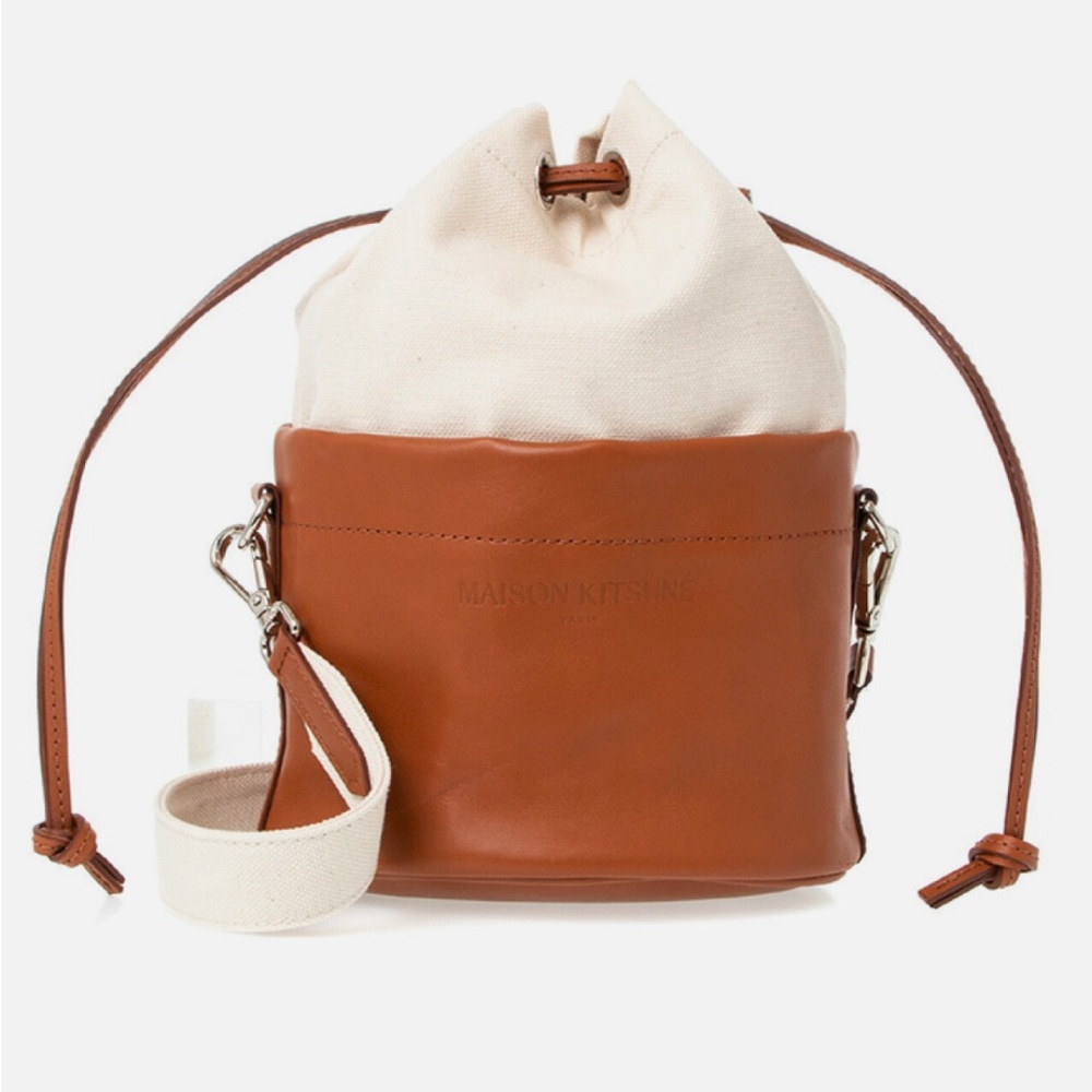 Maison Kitsune Leather Canvas Drawstring Bag